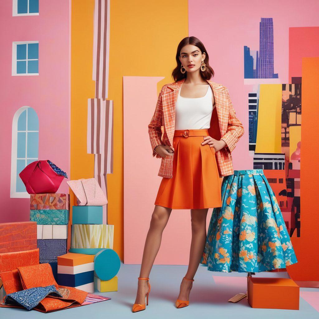 A vibrant fashion collage showcasing trendy outfits for petite women, featuring playful and chic ensembles like high-waisted skirts, tailored dresses, and stylish accessories. Highlight an empowered petite woman confidently posing in various outfits, surrounded by fashion elements like colorful shoes, bags, and fabric swatches. Incorporate a backdrop of urban landscapes or stylish boutiques to reflect a fashion-forward lifestyle. Bright colors and stylish patterns should dominate the scene, emphasizing versatility and elegance. illustration. vibrant colors. modern design.