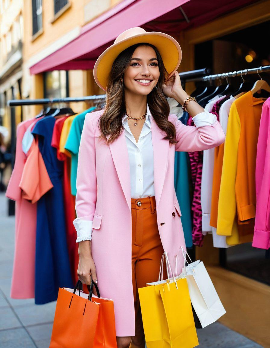 A stylish petite woman joyfully browsing through a vibrant wardrobe filled with colorful budget-friendly outfits, surrounded by chic accessories and fashion elements. Include a lively city backdrop, symbolizing sophistication and elegance, with a warm color palette that evokes happiness. Showcase a variety of textures and patterns in clothing to emphasize versatility. super-realistic. vibrant colors. fashion illustration.